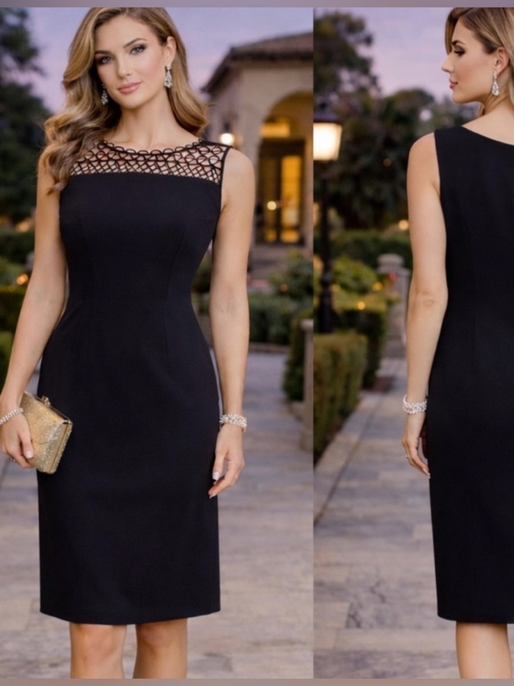 NWT Elie Tahari Kinglsey Black Midi Sheath Dress with Lattice Yoke SZ 10